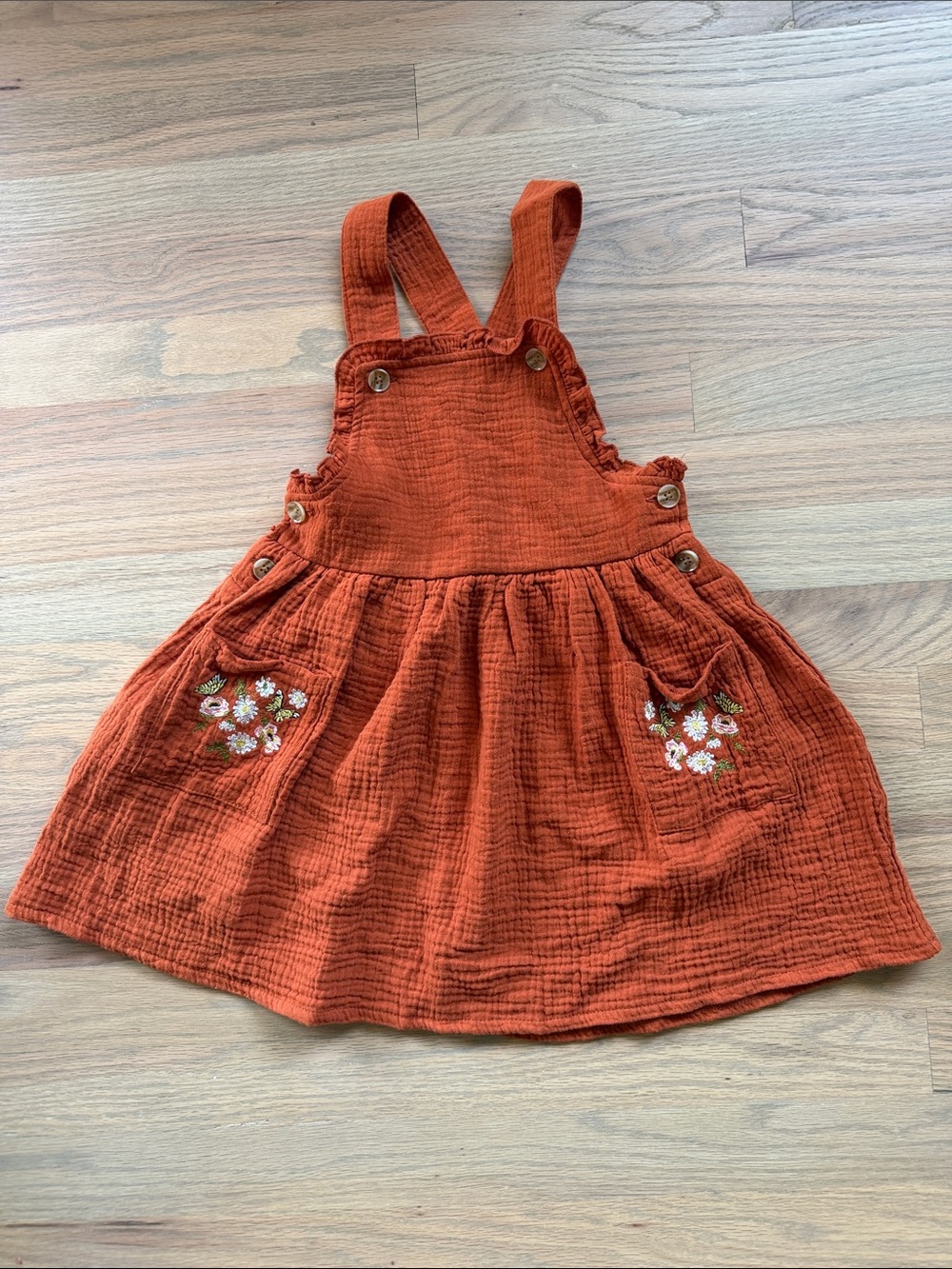 Emma & Elsa Girls Size 6 Rust Orange Embroidered Floral Gauze Overall Dress